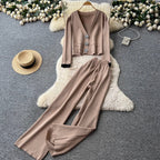 Color-blocking Cardigan & Trousers Knitted 2Pcs