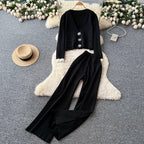 Color-blocking Cardigan & Trousers Knitted 2Pcs