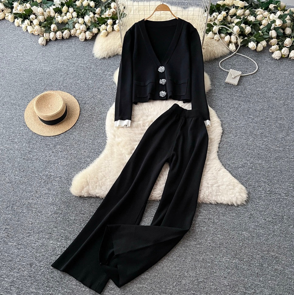 Color-blocking Cardigan & Trousers Knitted 2Pcs