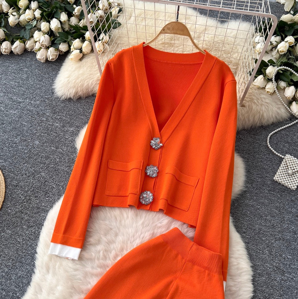 Color-blocking Cardigan & Trousers Knitted 2Pcs