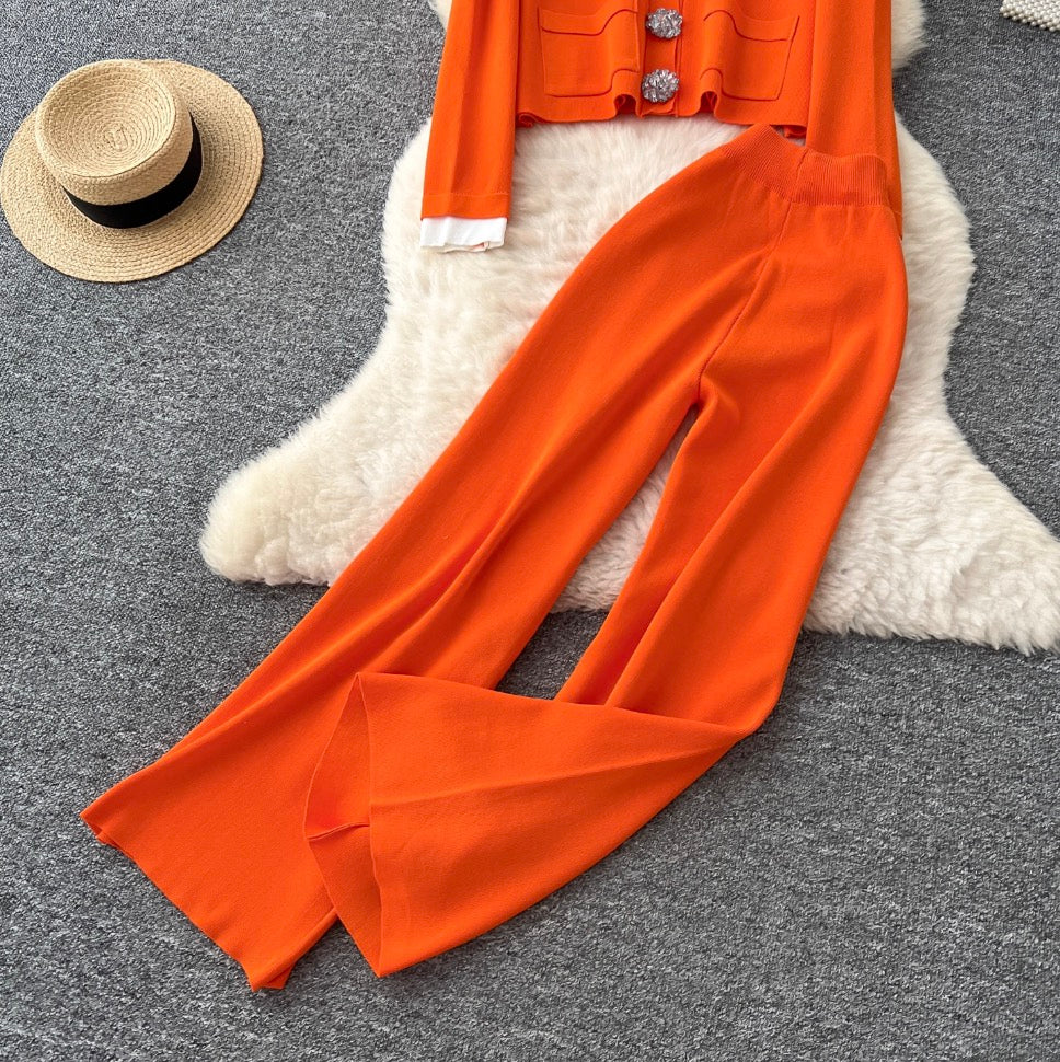 Color-blocking Cardigan & Trousers Knitted 2Pcs