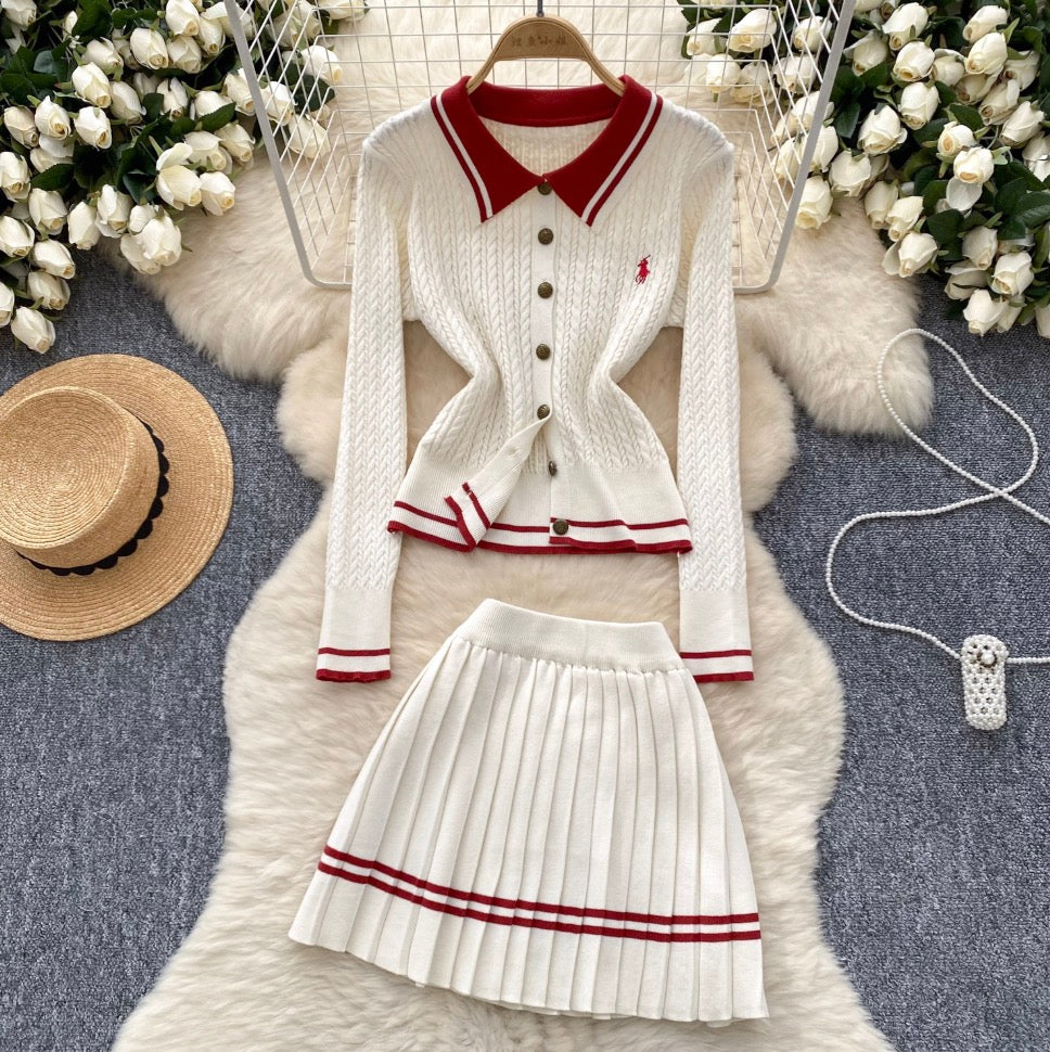 Vintage Cardigan & Pleated Skirt 2Pcs