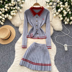 Vintage Cardigan & Pleated Skirt 2Pcs