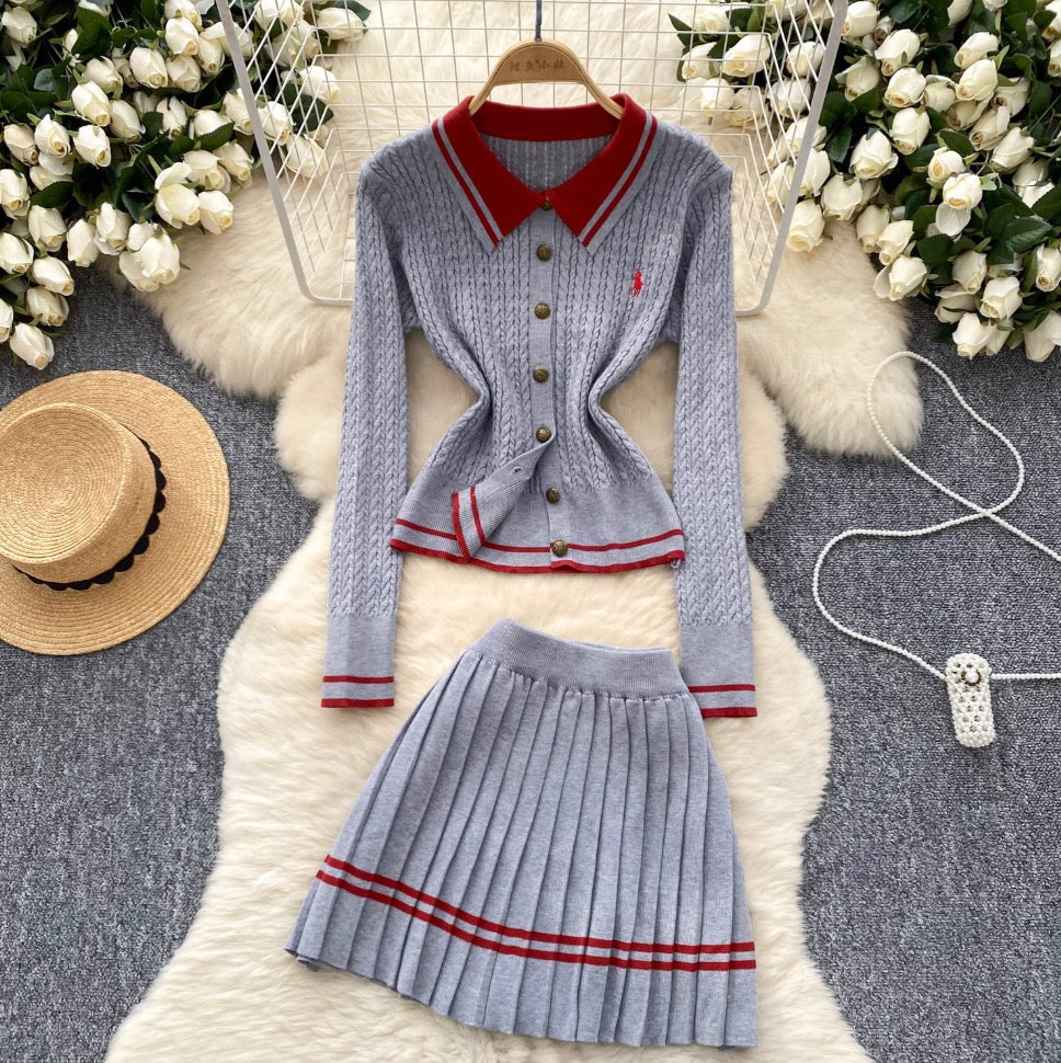 Vintage Cardigan & Pleated Skirt 2Pcs