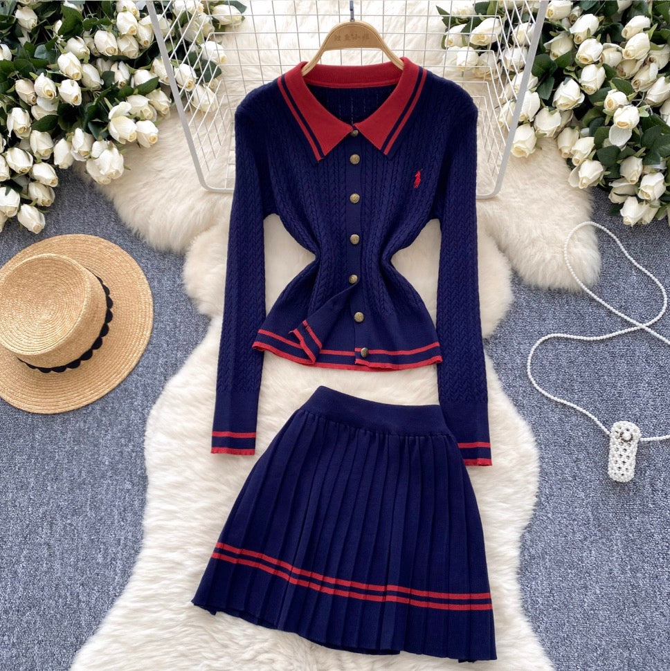 Vintage Cardigan & Pleated Skirt 2Pcs