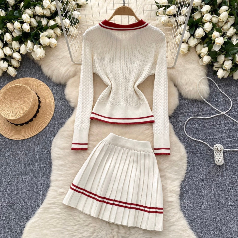 Vintage Cardigan & Pleated Skirt 2Pcs