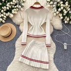 Vintage Cardigan & Pleated Skirt 2Pcs