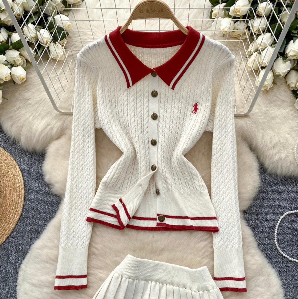 Vintage Cardigan & Pleated Skirt 2Pcs