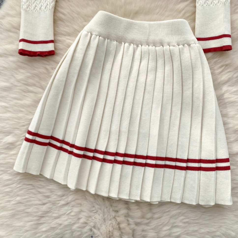 Vintage Cardigan & Pleated Skirt 2Pcs