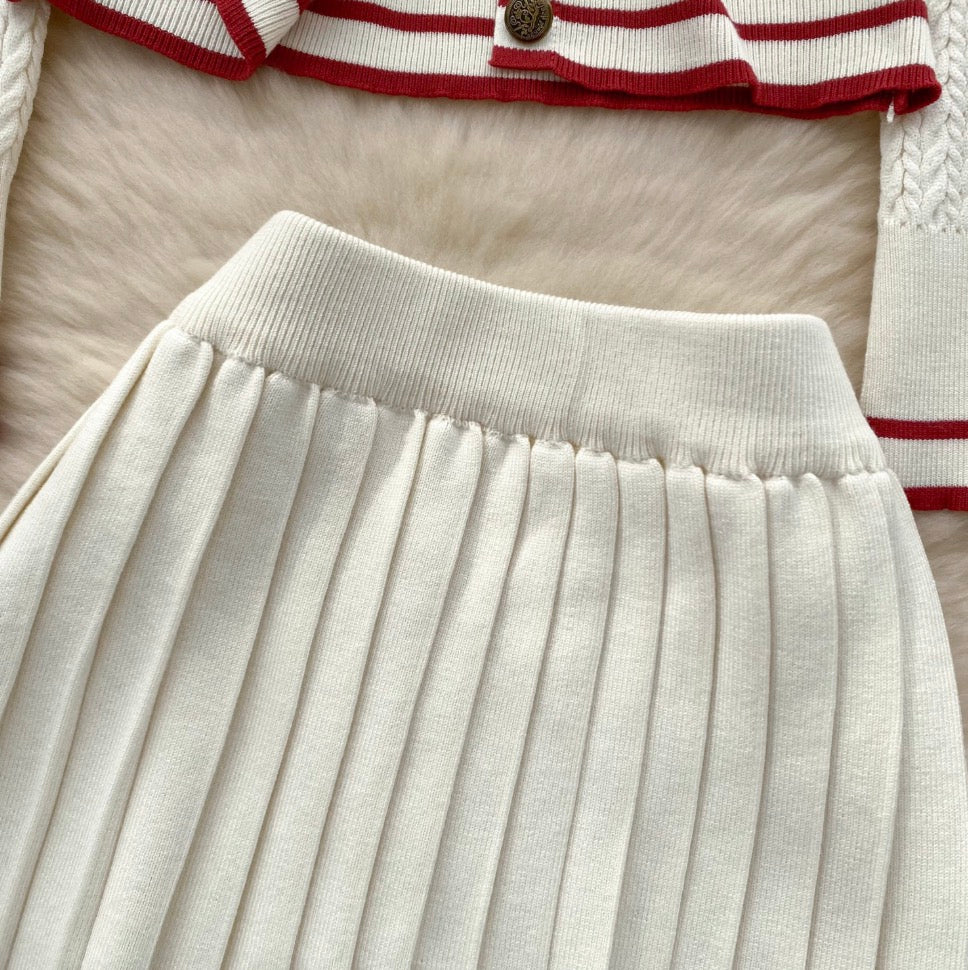 Vintage Cardigan & Pleated Skirt 2Pcs