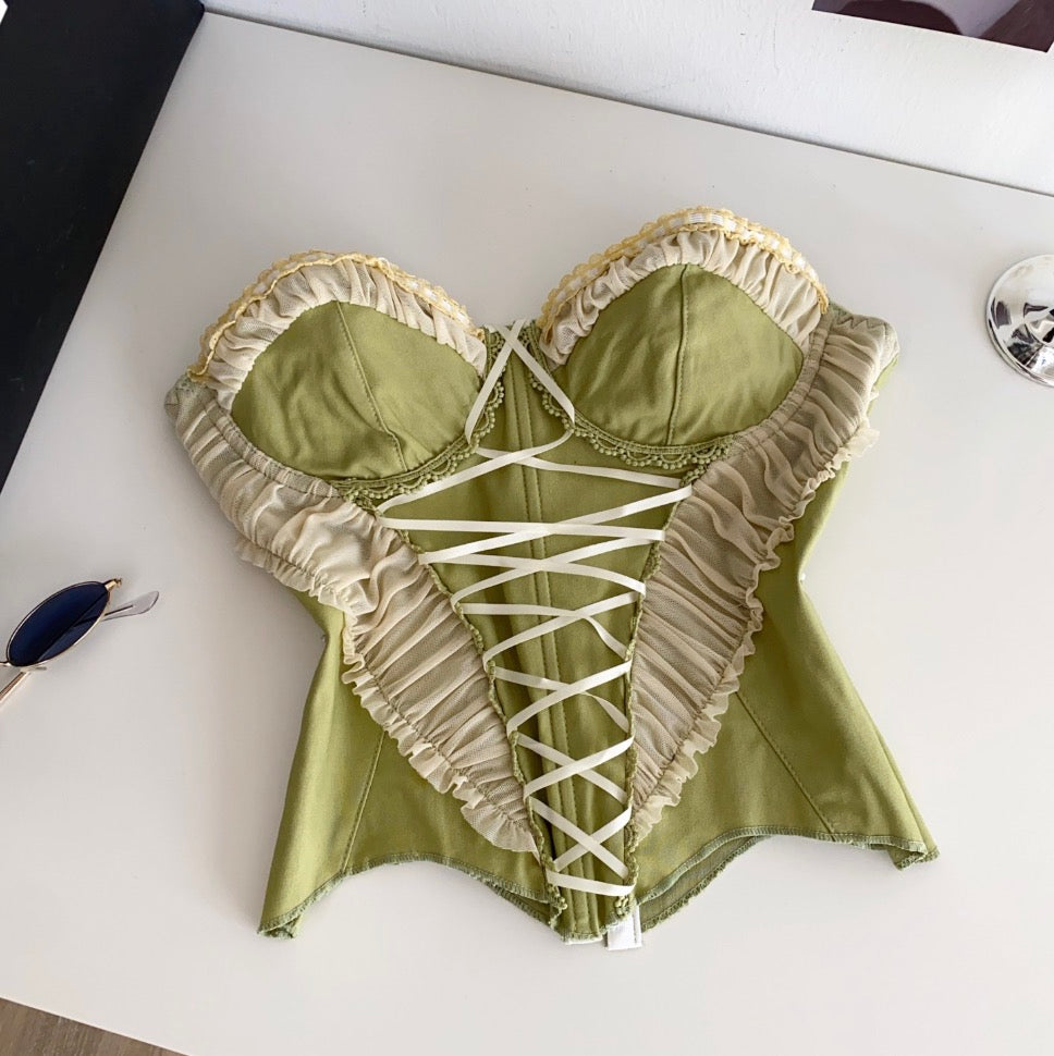 Vintage Lace-up Green Fishbone Top
