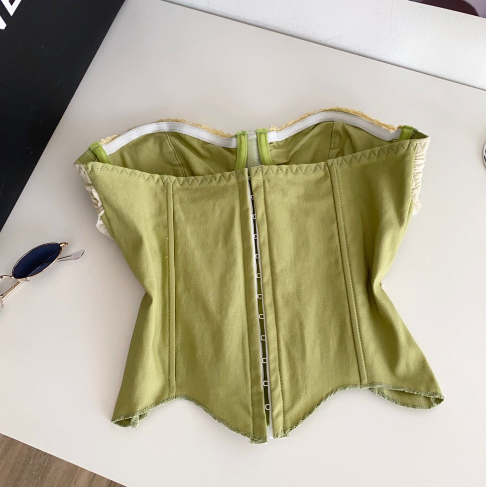 Vintage Lace-up Green Fishbone Top