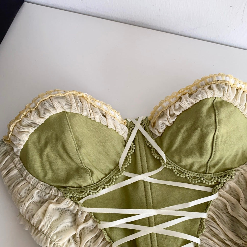 Vintage Lace-up Green Fishbone Top