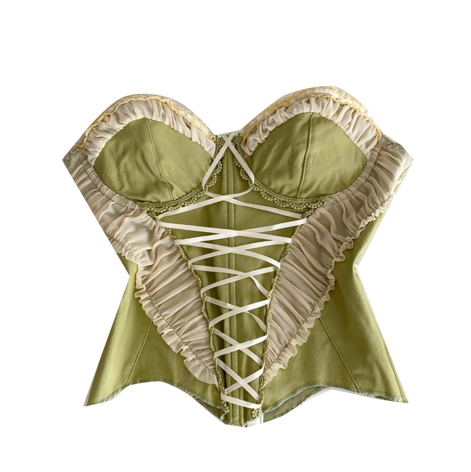 Vintage Lace-up Green Fishbone Top