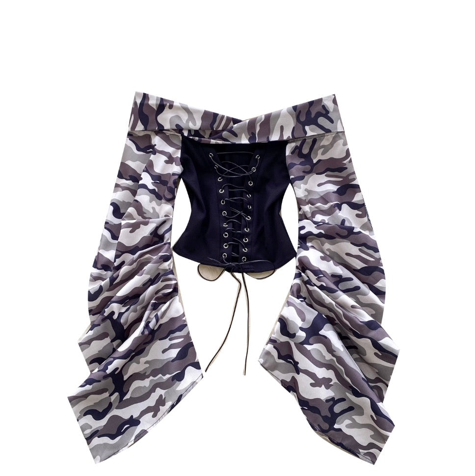 Off-shoulder Camouflage Print Lace-up Top