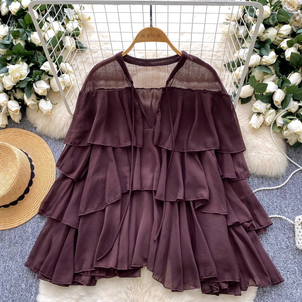 Vintage Solid Color Ruffled Top