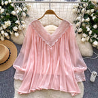 V-neck Lace Patchwork Chiffon Shirt