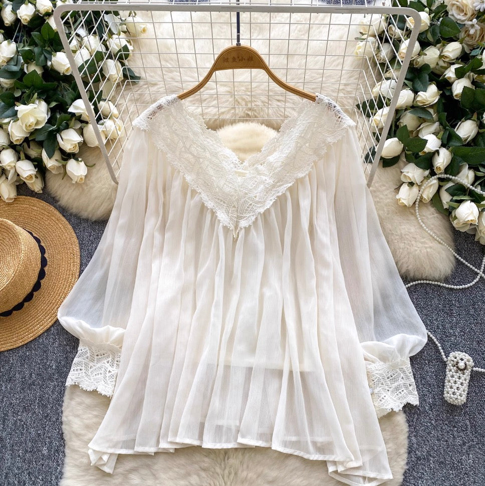 V-neck Lace Patchwork Chiffon Shirt