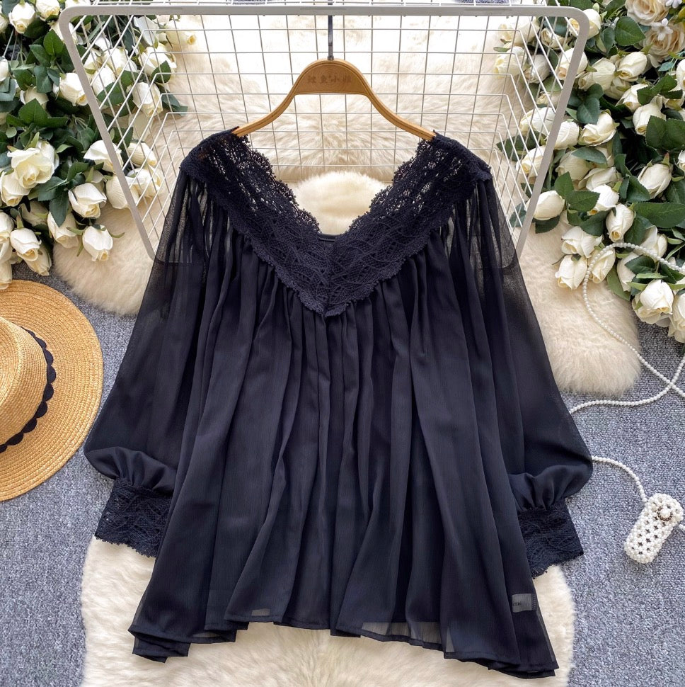 V-neck Lace Patchwork Chiffon Shirt