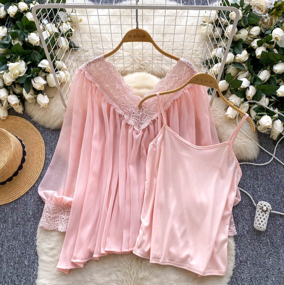 V-neck Lace Patchwork Chiffon Shirt