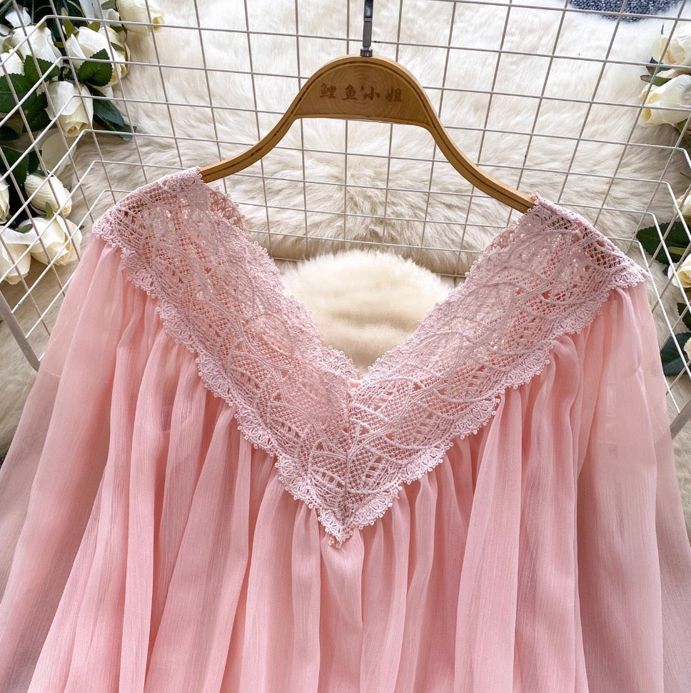 V-neck Lace Patchwork Chiffon Shirt