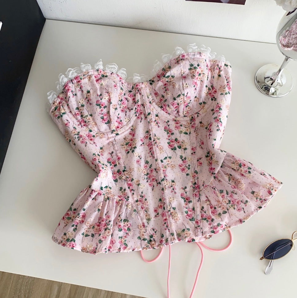 Pink Floral Lace-up Fishbone Top