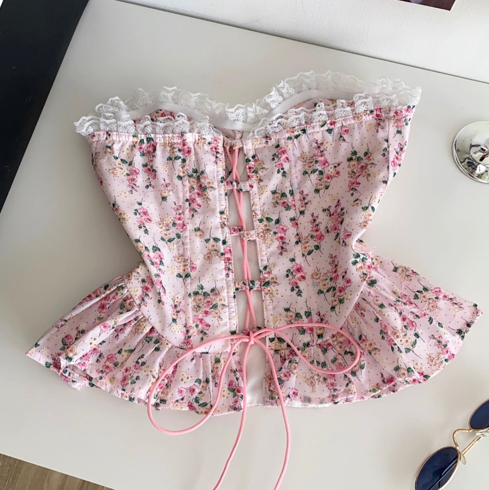 Pink Floral Lace-up Fishbone Top