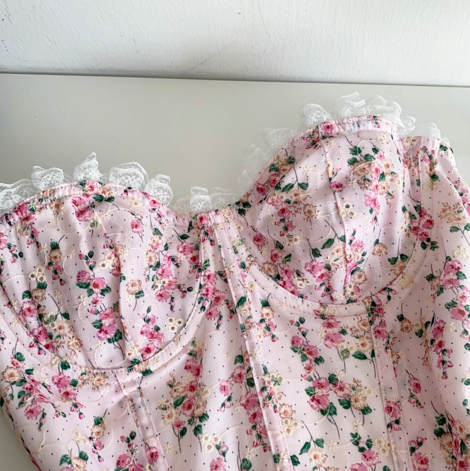 Pink Floral Lace-up Fishbone Top