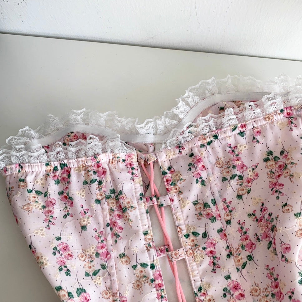 Pink Floral Lace-up Fishbone Top