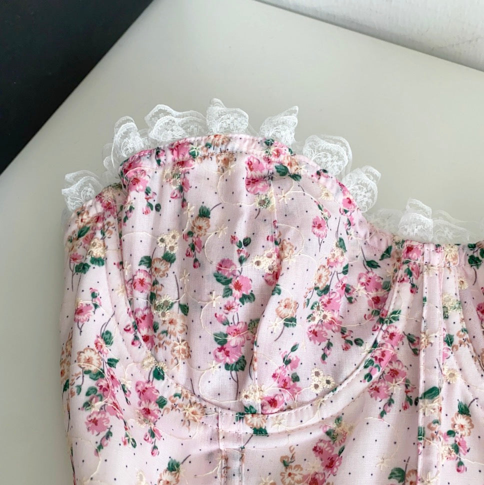 Pink Floral Lace-up Fishbone Top