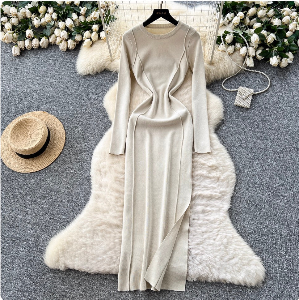 Niche Solid Color Split Knit Dress