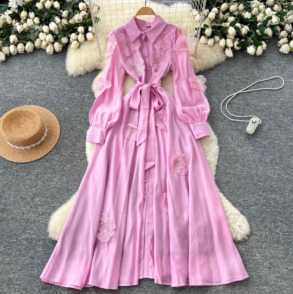 Premium Beaded Lace-up Shirt Dress