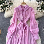 Premium Beaded Lace-up Shirt Dress