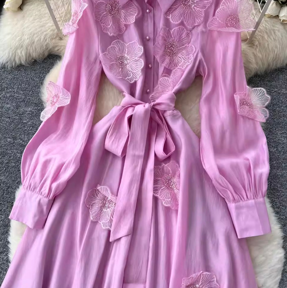 Premium Beaded Lace-up Shirt Dress