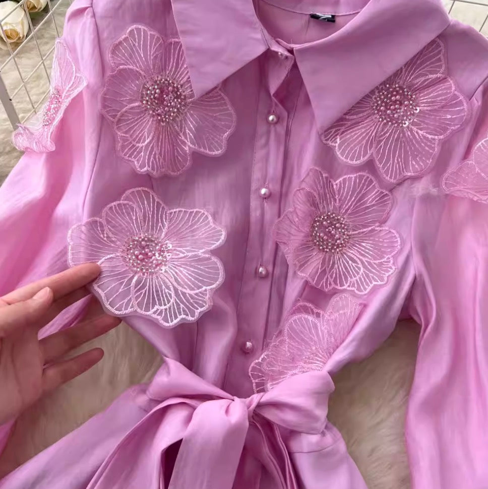 Premium Beaded Lace-up Shirt Dress