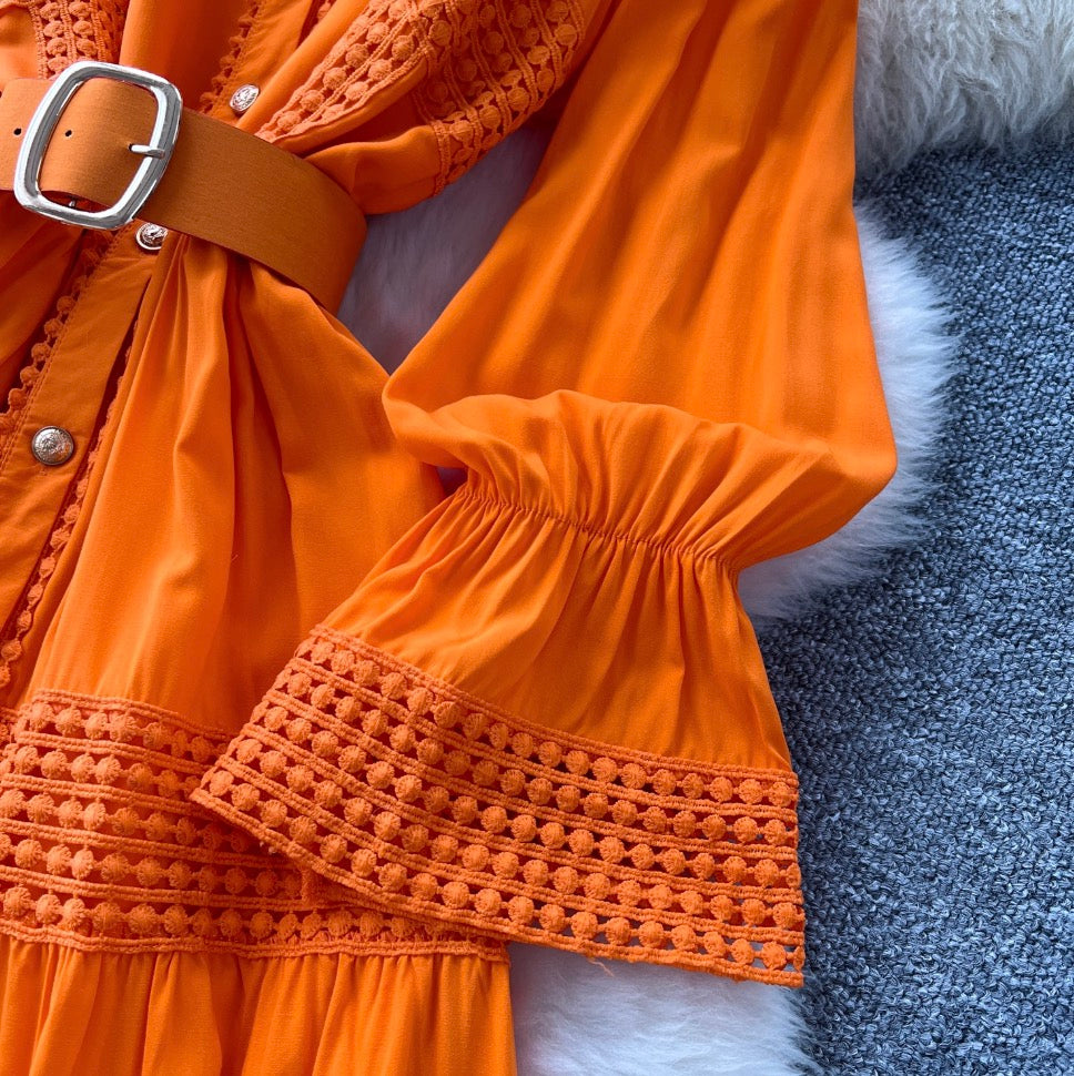 Courtly Flared Sleeve Shirt Dress