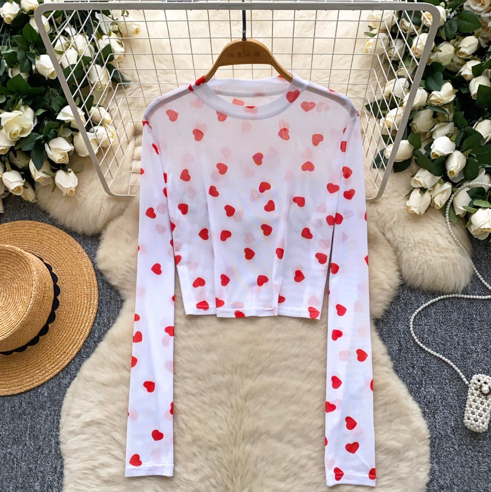 Love-pattern Print Thin Mesh T-shirt
