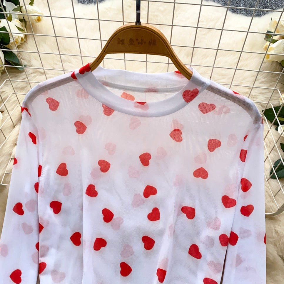 Love-pattern Print Thin Mesh T-shirt