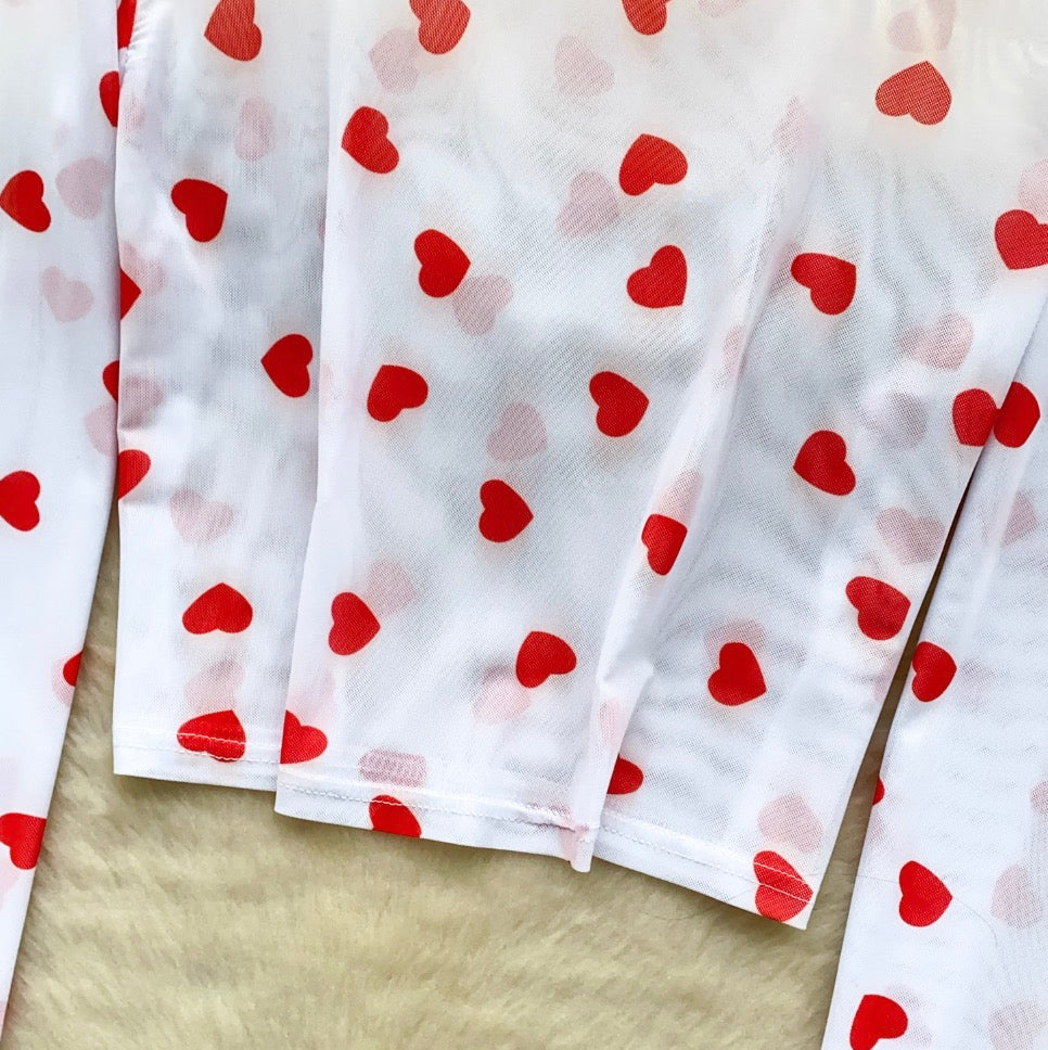 Love-pattern Print Thin Mesh T-shirt