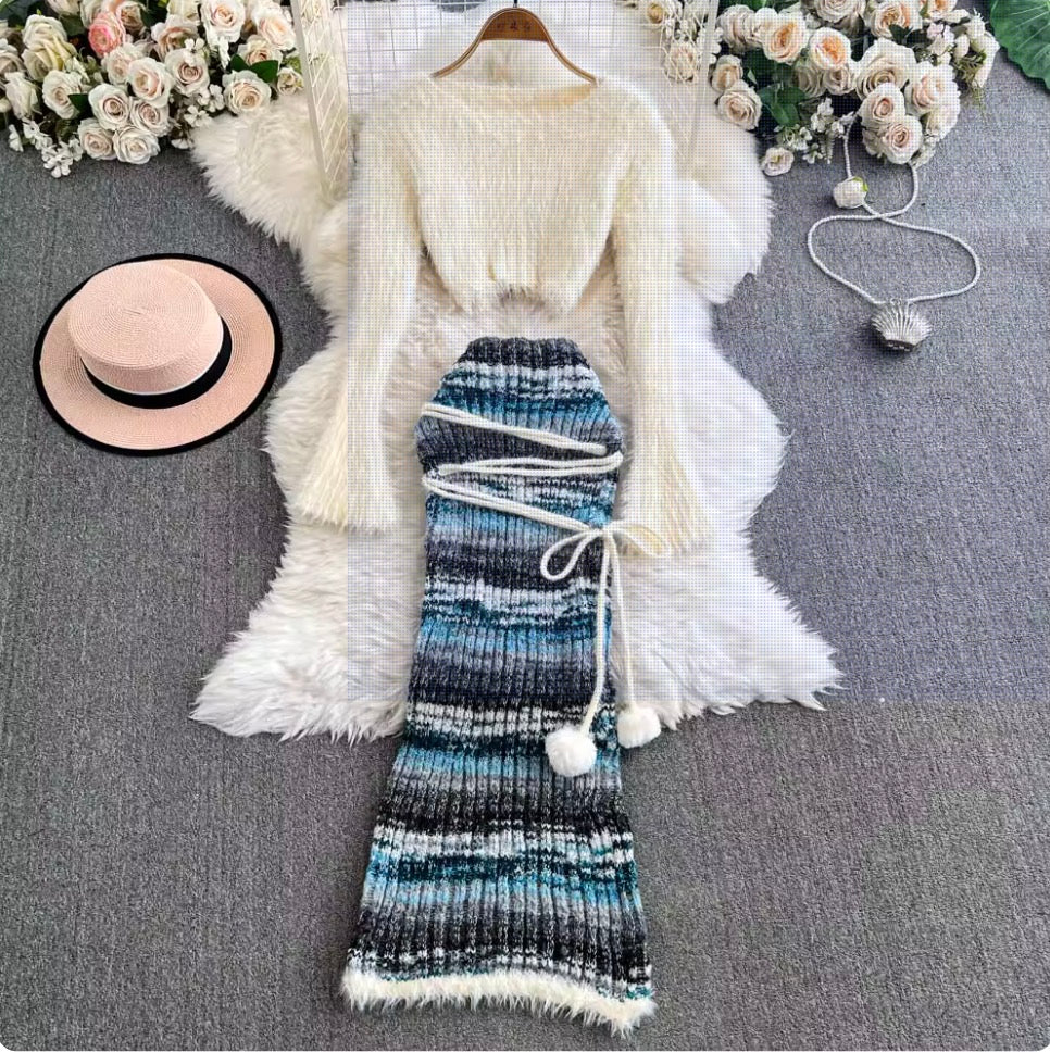 Mink Fur Knitwear & Colorful Skirt 2Pcs