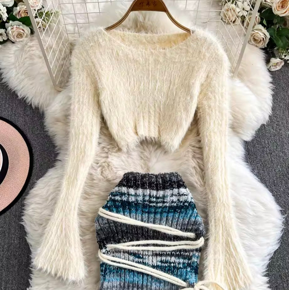Mink Fur Knitwear & Colorful Skirt 2Pcs
