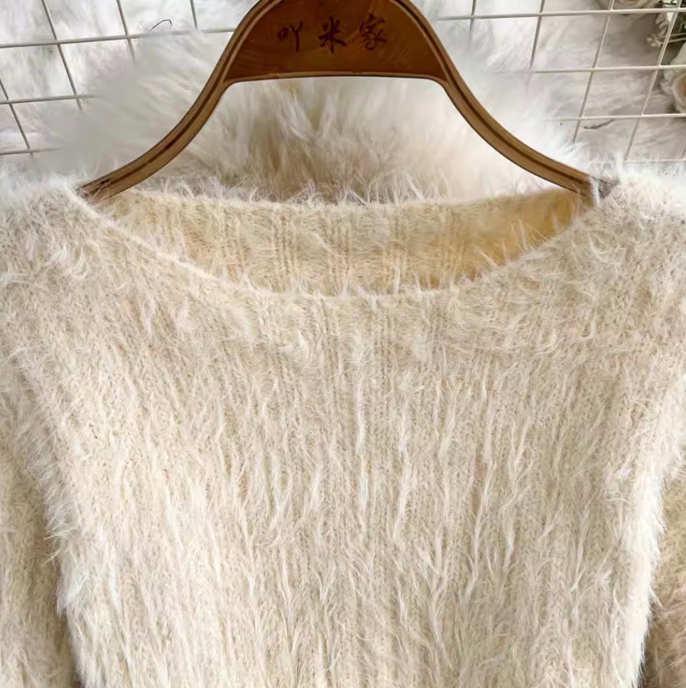 Mink Fur Knitwear & Colorful Skirt 2Pcs