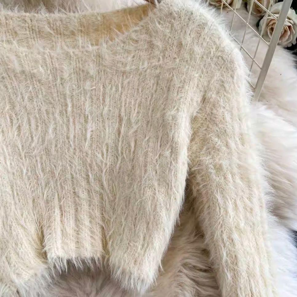 Mink Fur Knitwear & Colorful Skirt 2Pcs