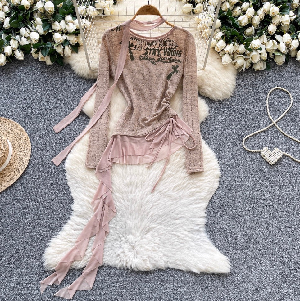 Print Drawstring Shirt with Ribbon