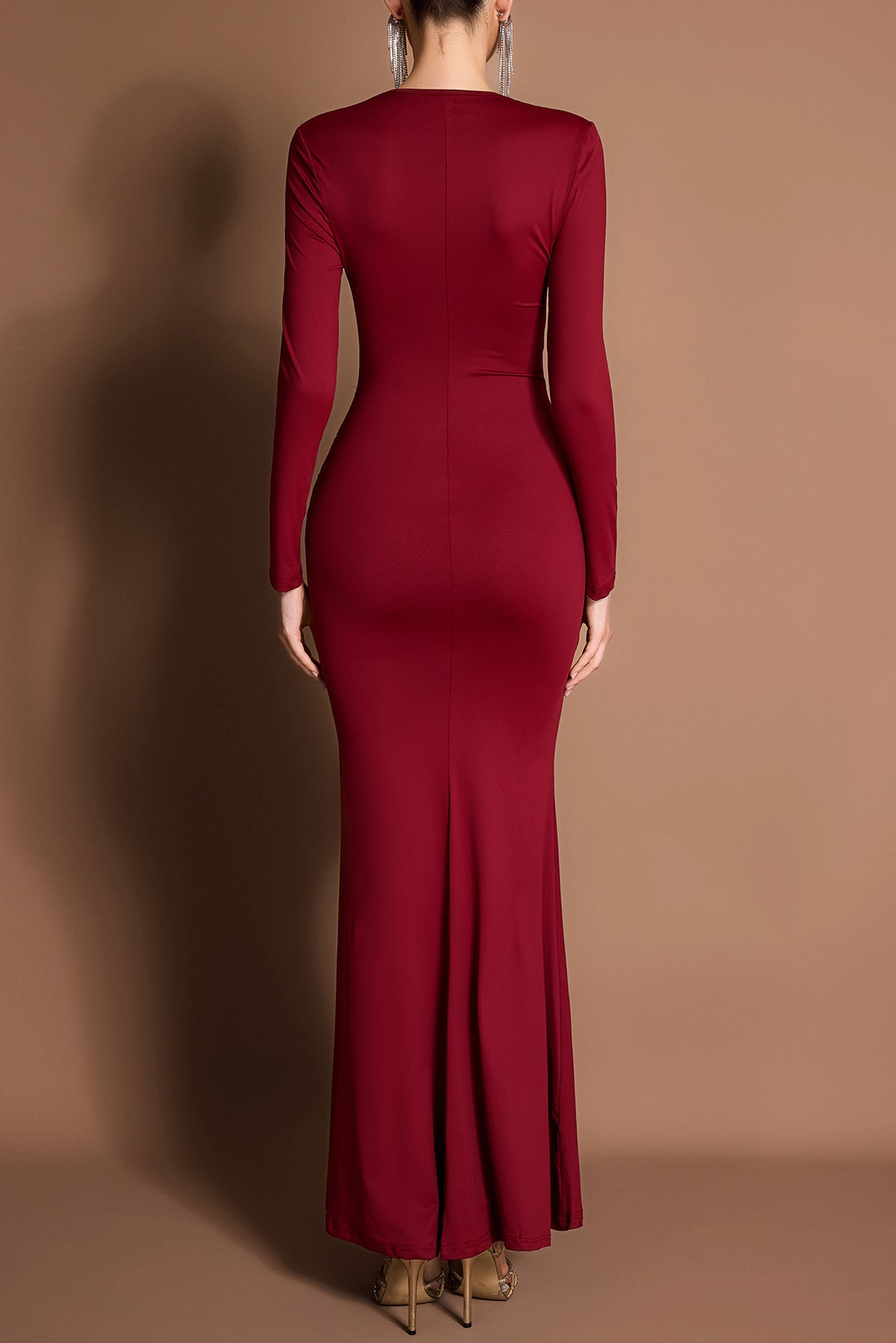 Solid Gathering Long Sleeve Maxi Dress