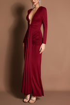 Solid Gathering Long Sleeve Maxi Dress