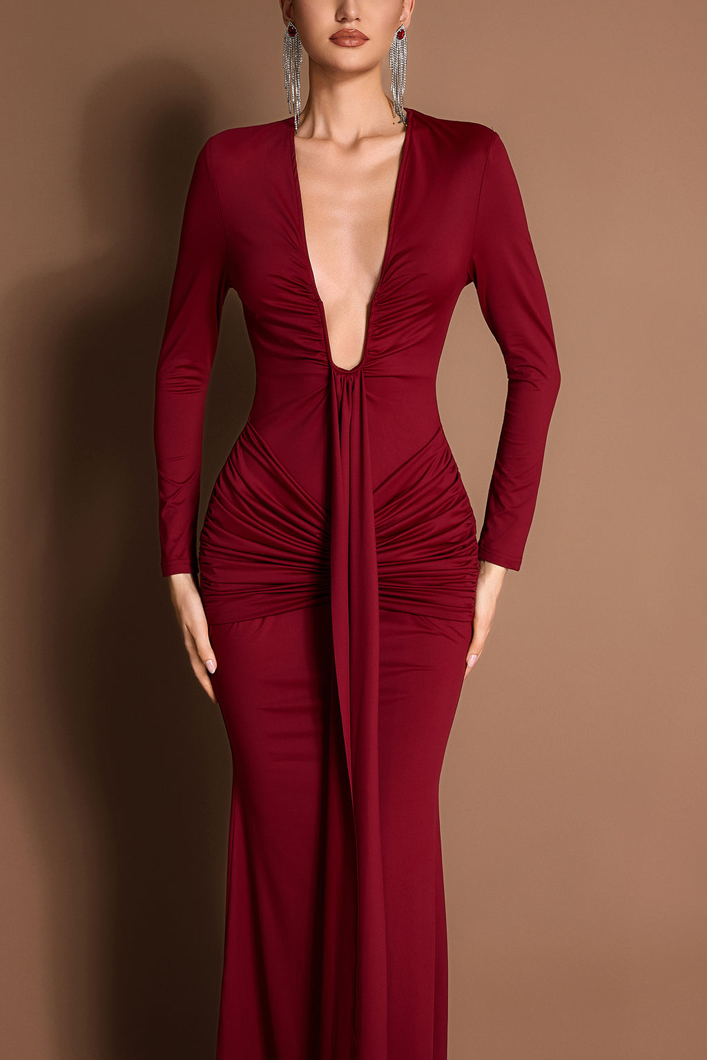 Solid Gathering Long Sleeve Maxi Dress