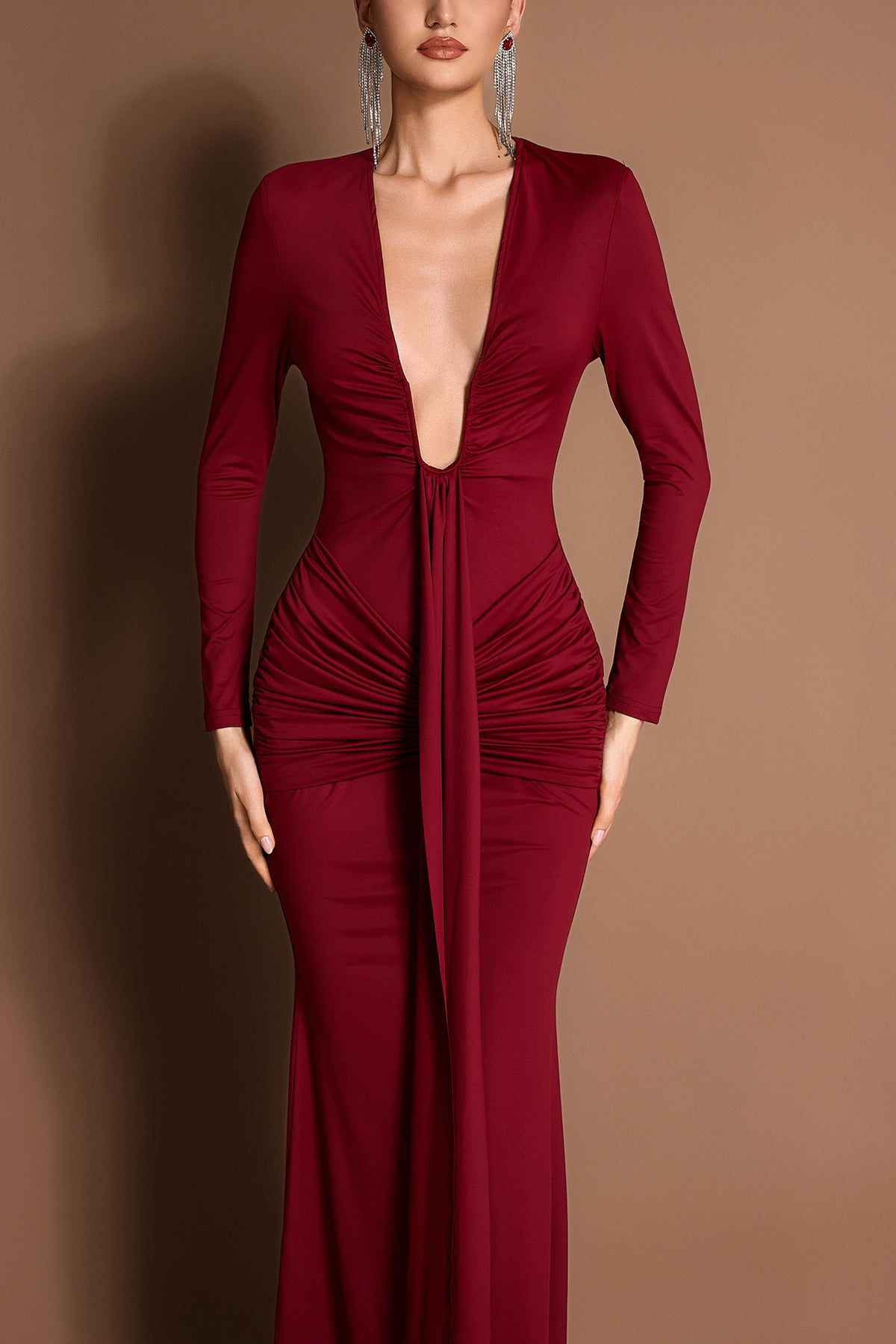 Solid Gathering Long Sleeve Maxi Dress
