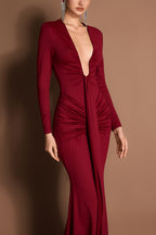 Solid Gathering Long Sleeve Maxi Dress