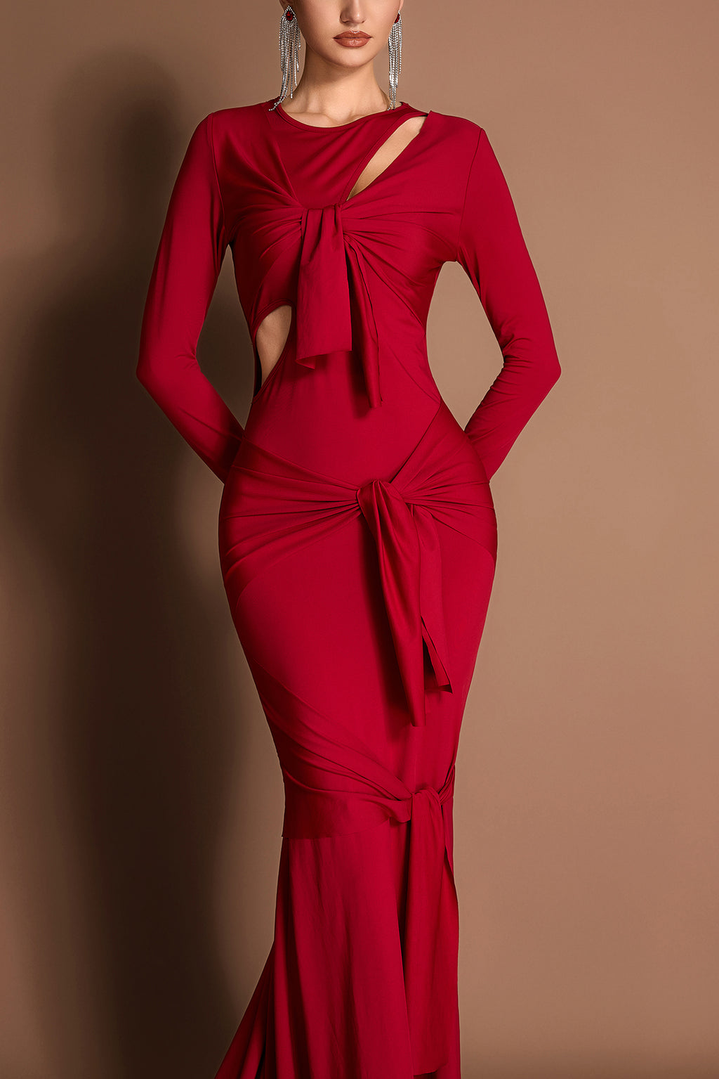 Solid Cut-Out Tie-up Long Sleeve Maxi Dress